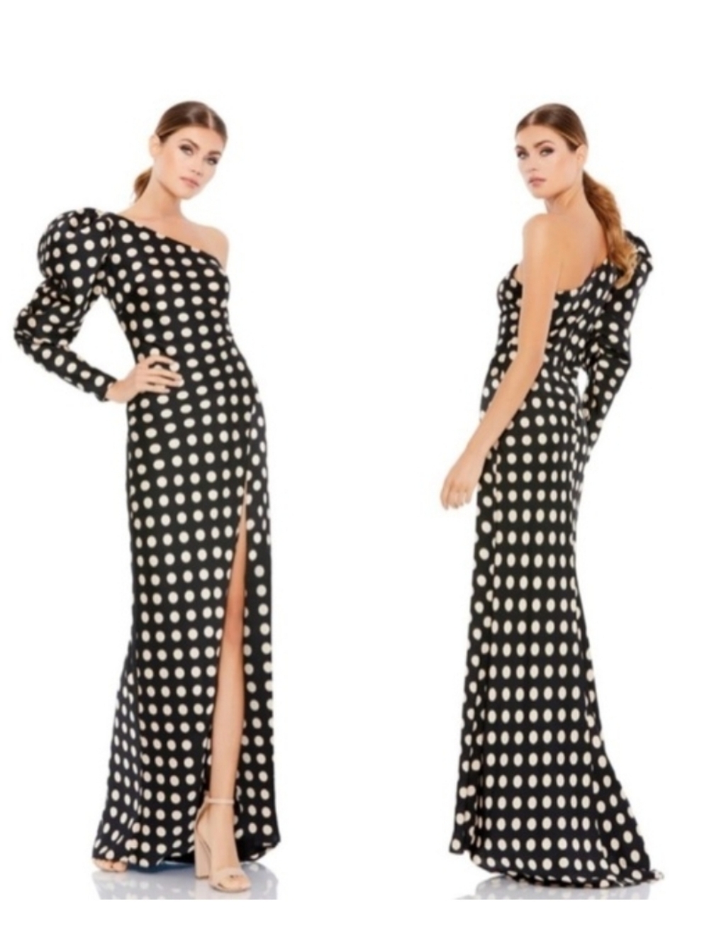 Mac Duggal Black and White One-Sleeve Polka Dot Sheath Gown